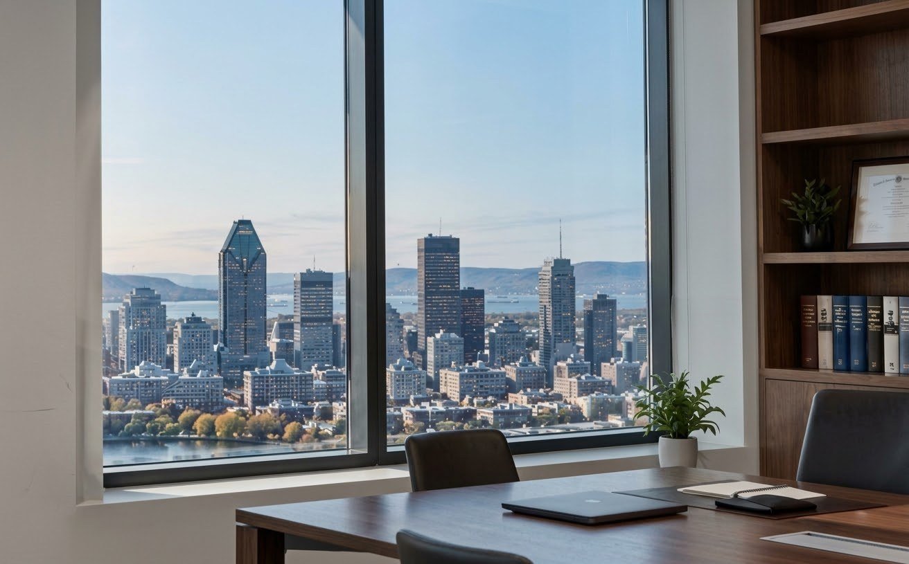 Bureau de consultation avec vue sur le centre-ville de Montréal